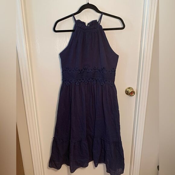 Eliza J GUC navy blue embroidered waist high neck fit and flare dress Size 8 - Picture 1 of 6
